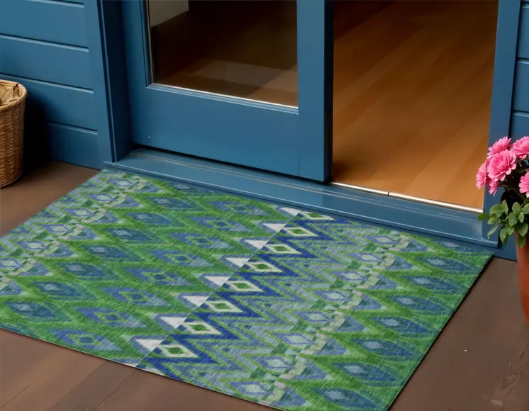 3' X 5' Green And Blue Southwestern Washable Indoor Outdoor Area Rug