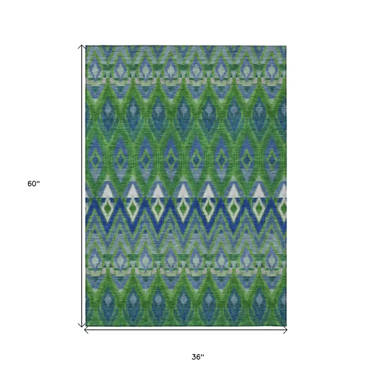3' X 5' Green And Blue Southwestern Washable Indoor Outdoor Area Rug