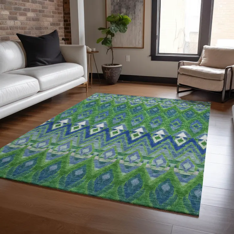 3' X 5' Green And Blue Southwestern Washable Indoor Outdoor Area Rug