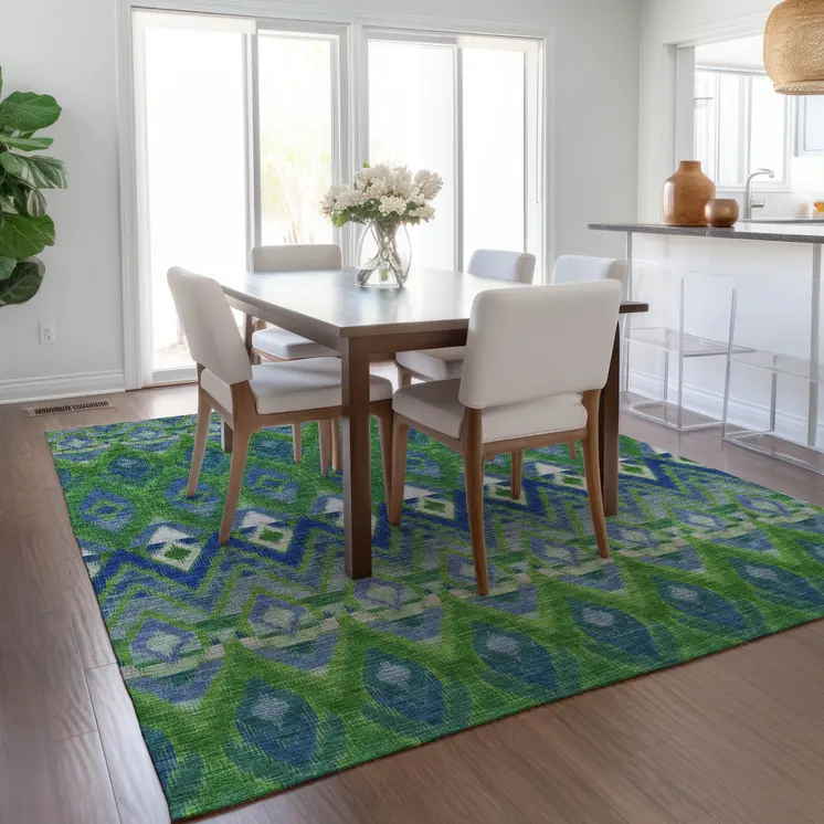 3' X 5' Green And Blue Southwestern Washable Indoor Outdoor Area Rug