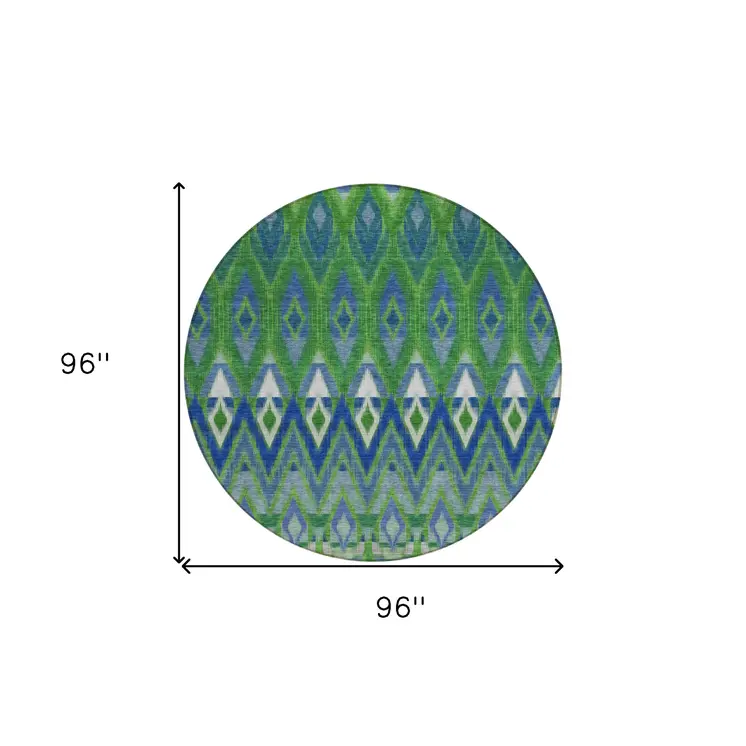 8' Green And Blue Round Southwestern Washable Indoor Outdoor Area Rug