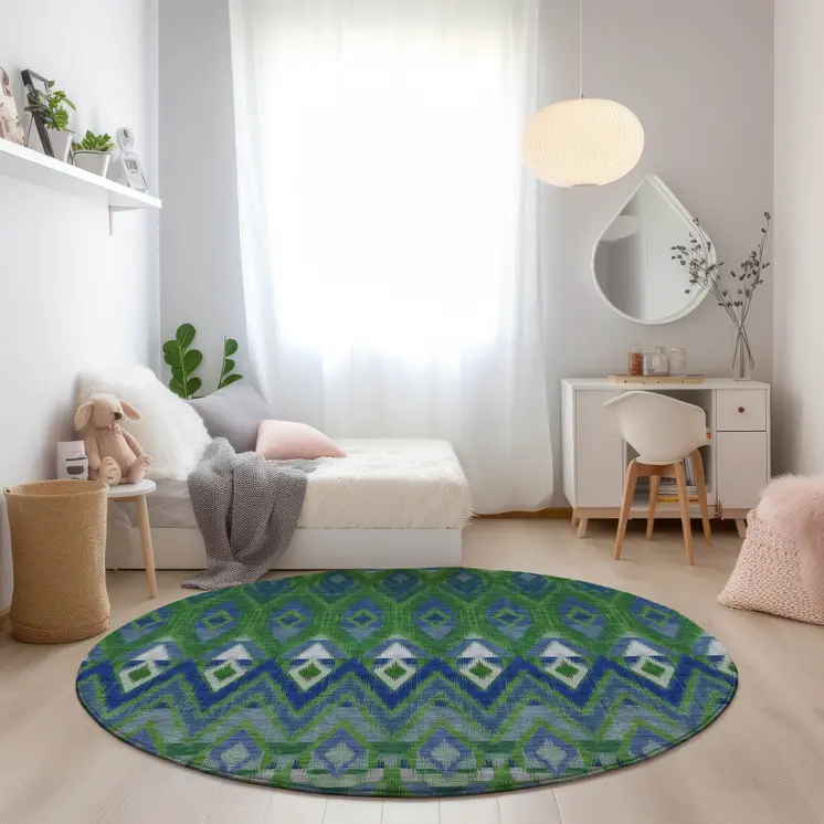 8' Green And Blue Round Southwestern Washable Indoor Outdoor Area Rug