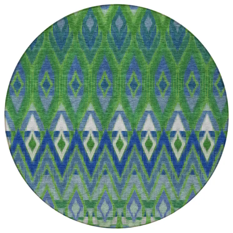 8' Green And Blue Round Southwestern Washable Indoor Outdoor Area Rug