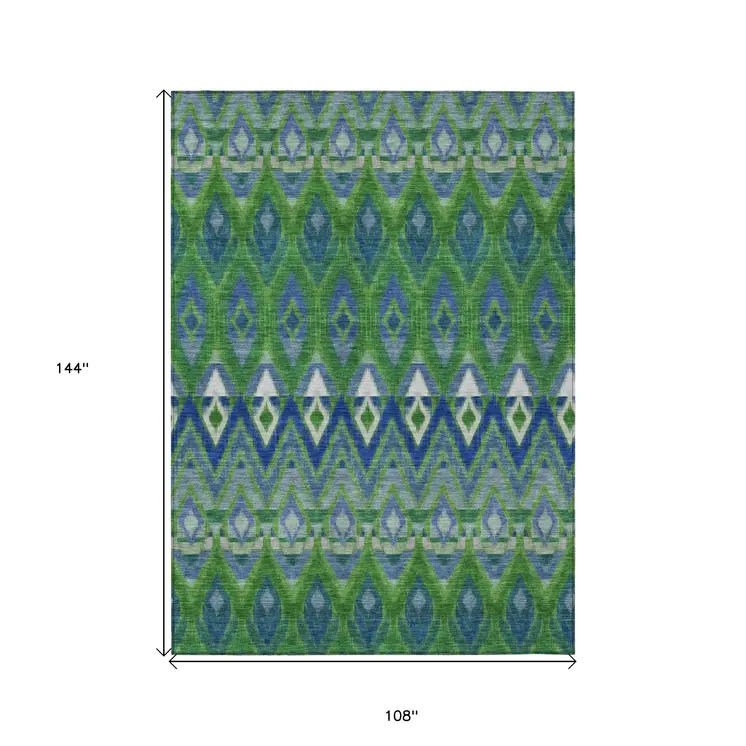 9' X 12' Green And Blue Southwestern Washable Indoor Outdoor Area Rug