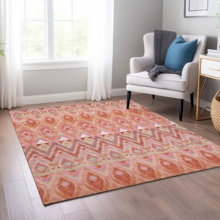 5' X 8' Pink Salmon And Blush Southwestern Washable Indoor Outdoor Area Rug
