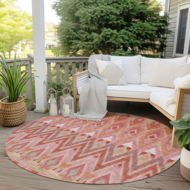 8' Pink Salmon And Blush Round Southwestern Washable Indoor Outdoor Area Rug