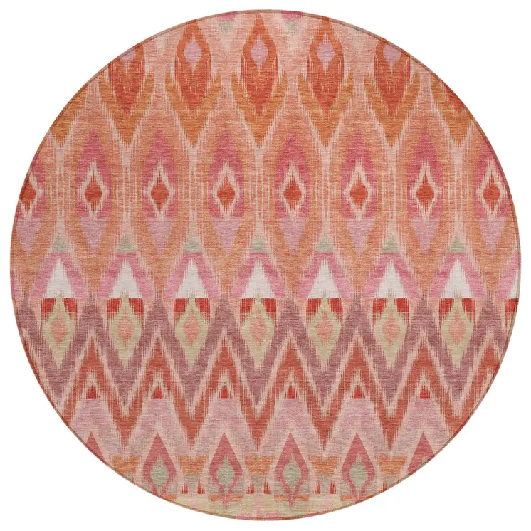 8' Pink Salmon And Blush Round Southwestern Washable Indoor Outdoor Area Rug