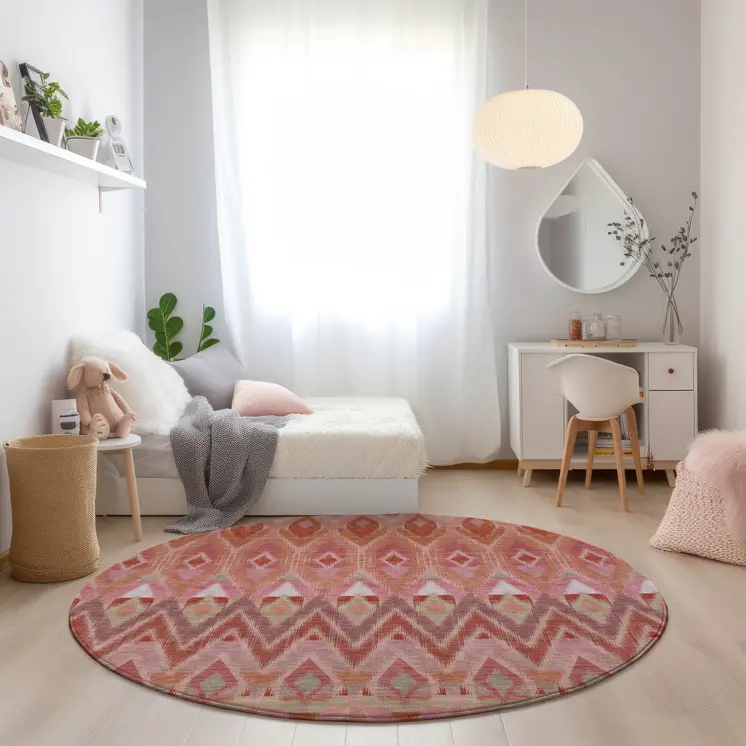 8' Pink Salmon And Blush Round Southwestern Washable Indoor Outdoor Area Rug