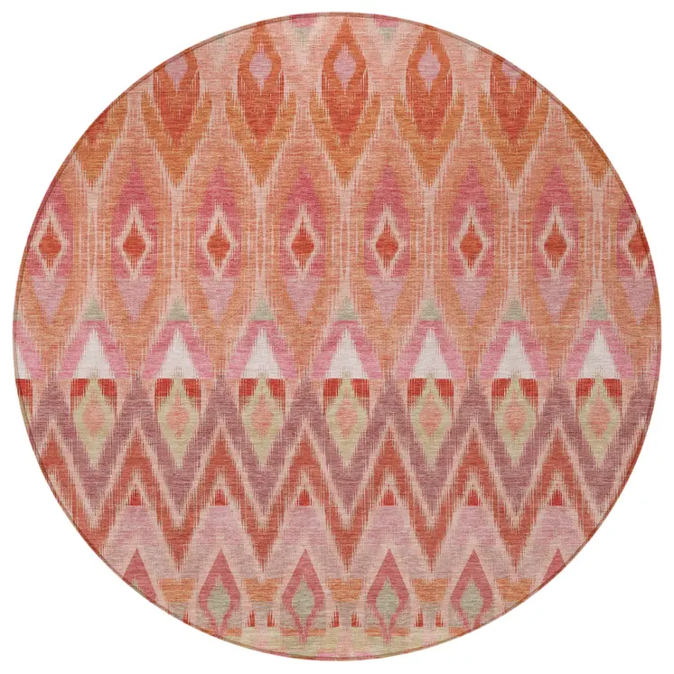 8' Pink Salmon And Blush Round Southwestern Washable Indoor Outdoor Area Rug