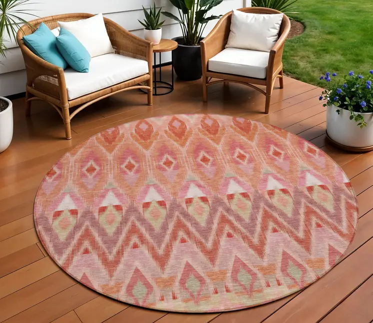 8' Pink Salmon And Blush Round Southwestern Washable Indoor Outdoor Area Rug