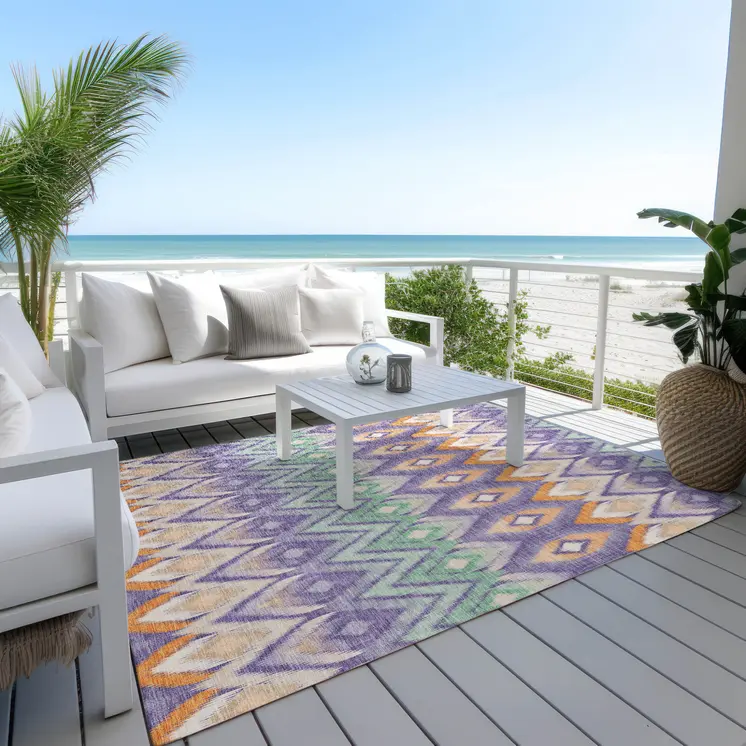 10' X 14' Purple Lilac And Orange Southwestern Washable Indoor Outdoor Area Rug