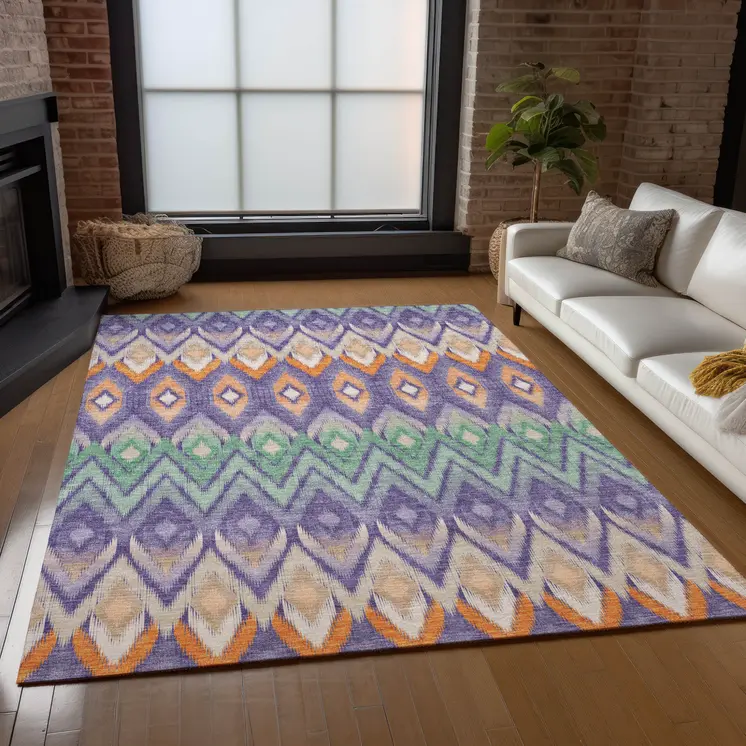 10' X 14' Purple Lilac And Orange Southwestern Washable Indoor Outdoor Area Rug