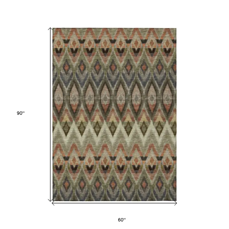 5' X 8' Taupe Olive Green And Beige Southwestern Washable Indoor Outdoor Area Rug