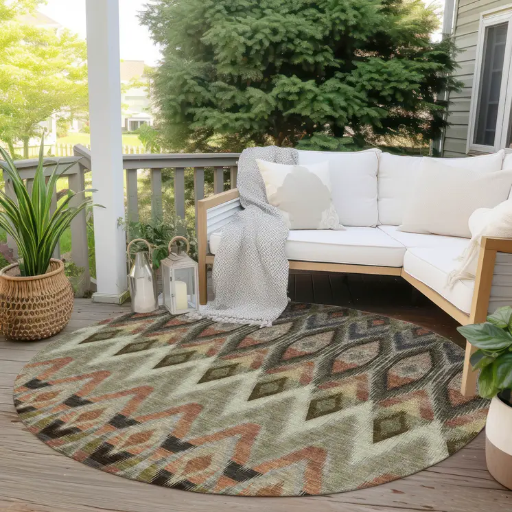 8' Taupe Olive Green And Beige Round Southwestern Washable Indoor Outdoor Area Rug