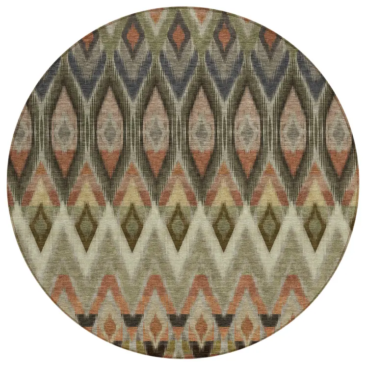 8' Taupe Olive Green And Beige Round Southwestern Washable Indoor Outdoor Area Rug