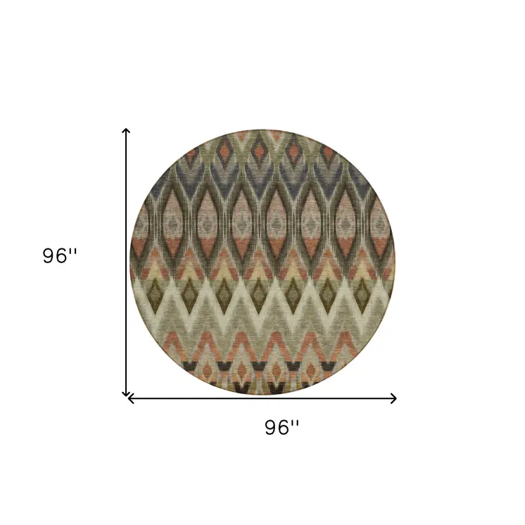 8' Taupe Olive Green And Beige Round Southwestern Washable Indoor Outdoor Area Rug