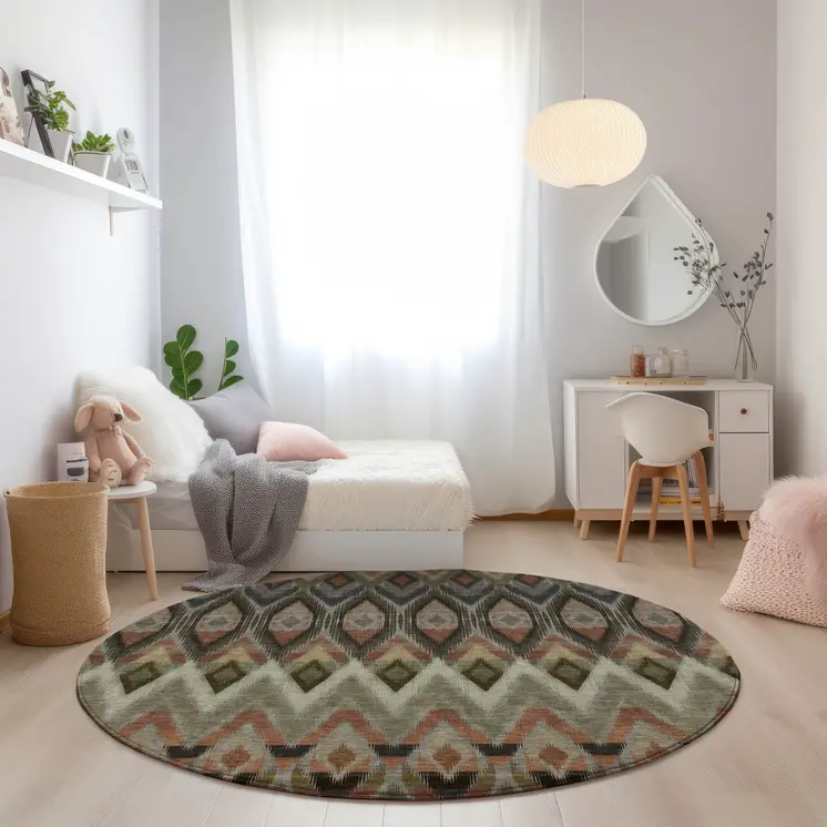 8' Taupe Olive Green And Beige Round Southwestern Washable Indoor Outdoor Area Rug