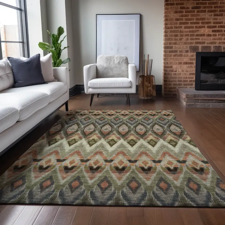 9' X 12' Taupe Olive Green And Beige Southwestern Washable Indoor Outdoor Area Rug