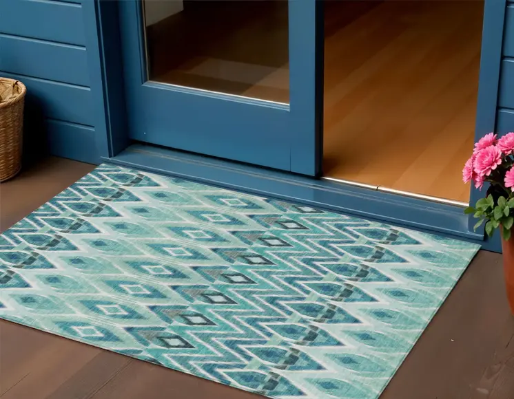 3' X 5' Teal Blue Aqua And Mint Green Southwestern Washable Indoor Outdoor Area Rug