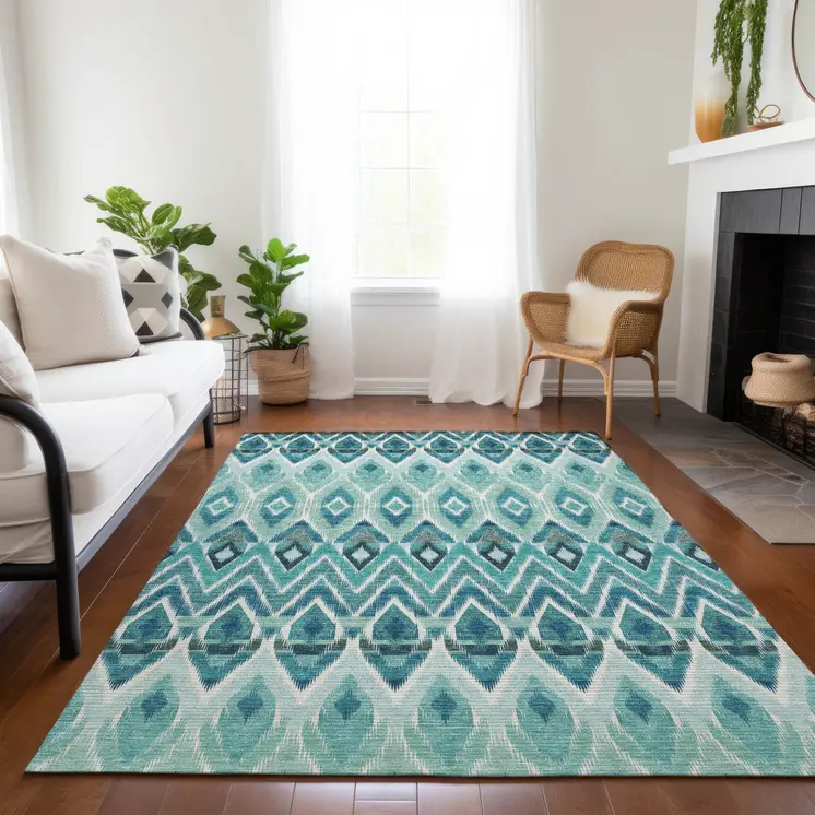 3' X 5' Teal Blue Aqua And Mint Green Southwestern Washable Indoor Outdoor Area Rug