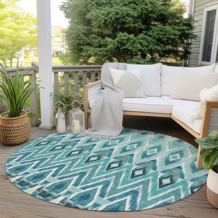 8' Teal Blue Aqua And Mint Green Round Southwestern Washable Indoor Outdoor Area Rug