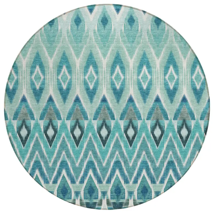 8' Teal Blue Aqua And Mint Green Round Southwestern Washable Indoor Outdoor Area Rug