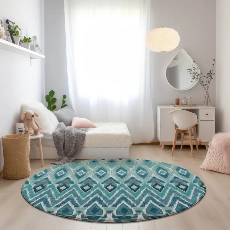 8' Teal Blue Aqua And Mint Green Round Southwestern Washable Indoor Outdoor Area Rug