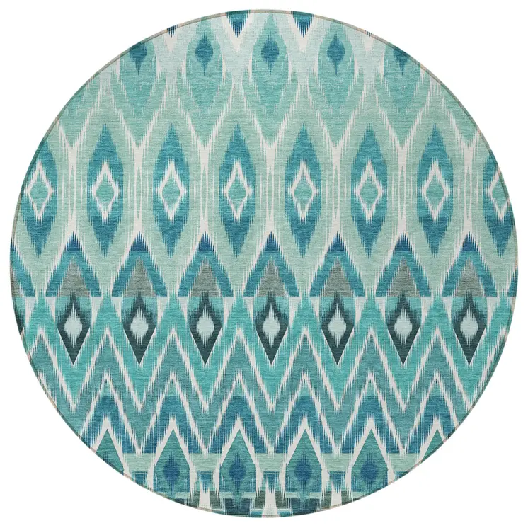 8' Teal Blue Aqua And Mint Green Round Southwestern Washable Indoor Outdoor Area Rug