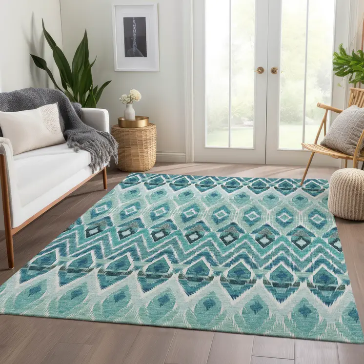 9' X 12' Teal Blue Aqua And Mint Green Southwestern Washable Indoor Outdoor Area Rug