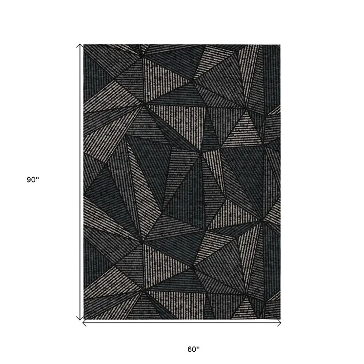 5' X 8' Black Charcoal And Gray Geometric Washable Indoor Outdoor Area Rug