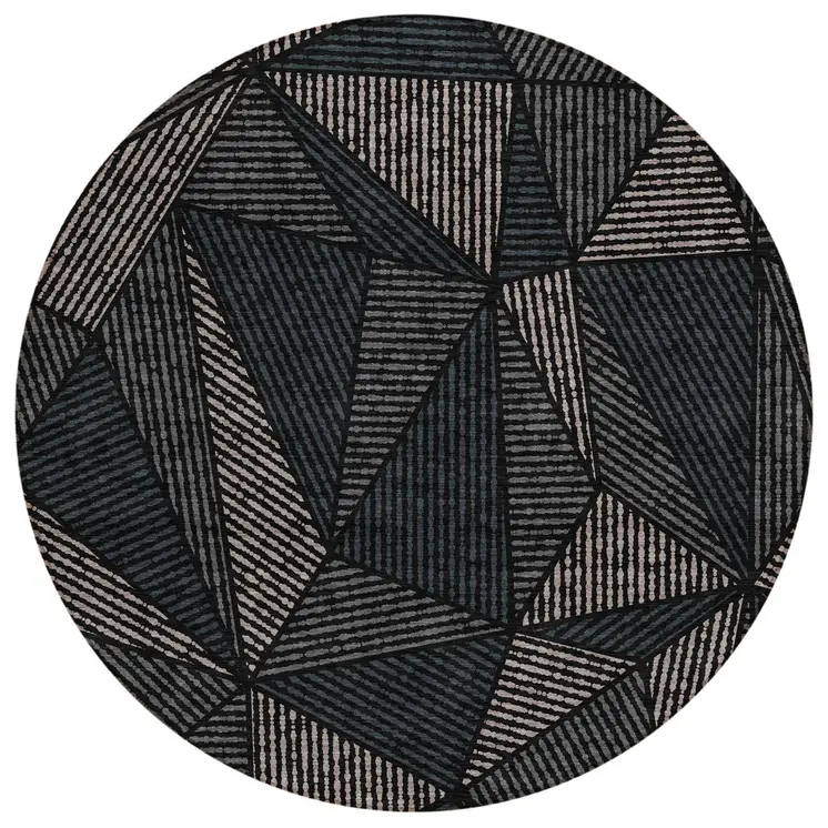 8' Black Charcoal And Gray Round Geometric Washable Indoor Outdoor Area Rug