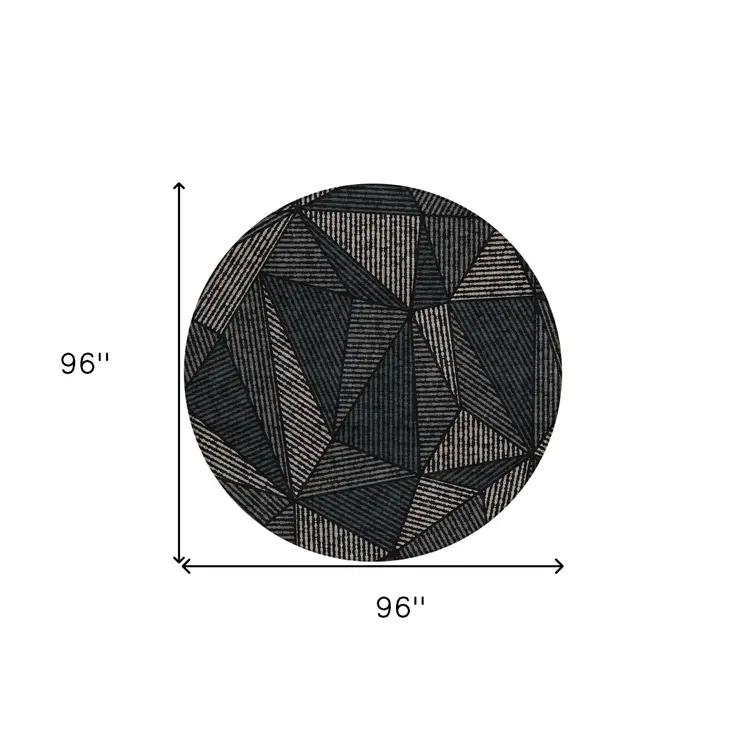 8' Black Charcoal And Gray Round Geometric Washable Indoor Outdoor Area Rug