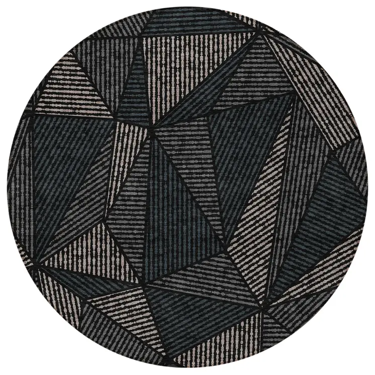 8' Black Charcoal And Gray Round Geometric Washable Indoor Outdoor Area Rug