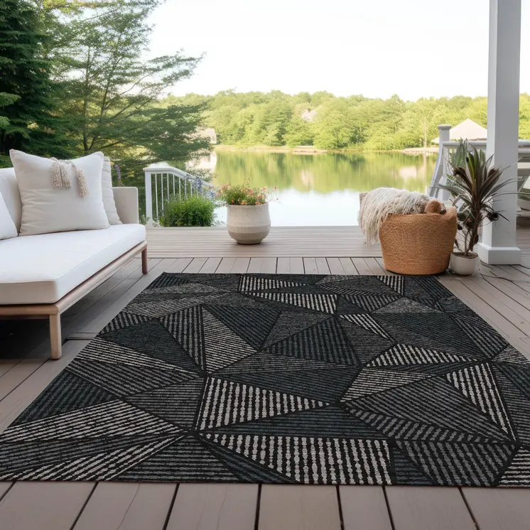 9' X 12' Black Charcoal And Gray Geometric Washable Indoor Outdoor Area Rug