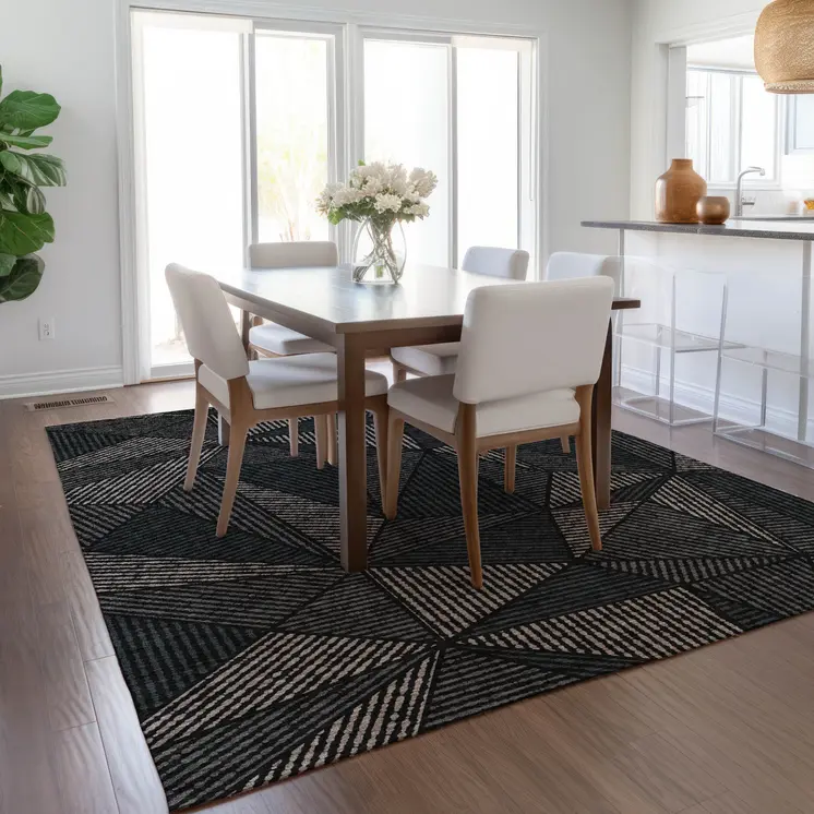 9' X 12' Black Charcoal And Gray Geometric Washable Indoor Outdoor Area Rug