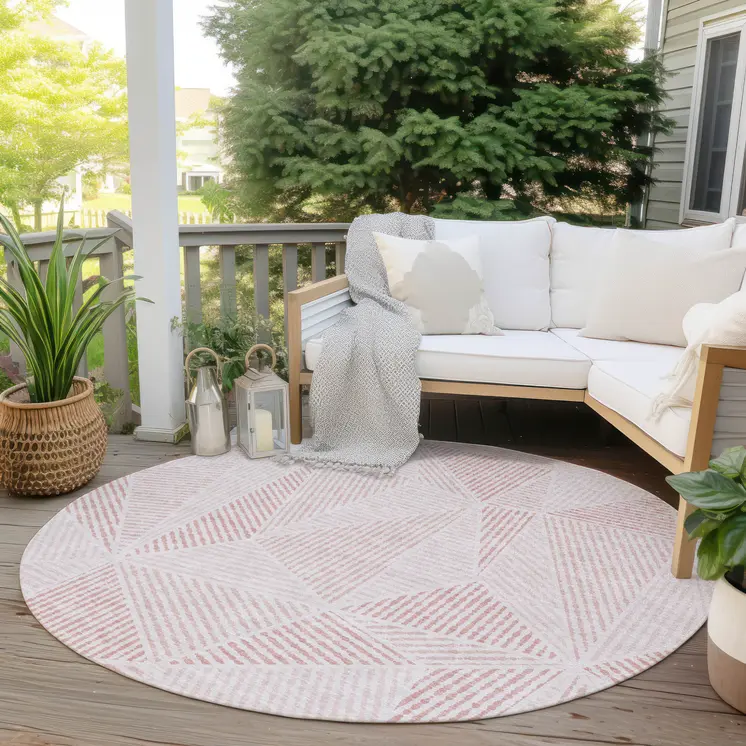 8' Blush And Pink Round Geometric Washable Indoor Outdoor Area Rug