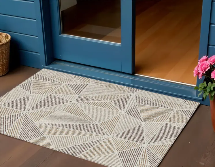 3' X 5' Brown Taupe And Beige Geometric Washable Indoor Outdoor Area Rug