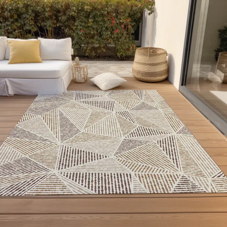 3' X 5' Brown Taupe And Beige Geometric Washable Indoor Outdoor Area Rug
