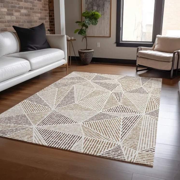 3' X 5' Brown Taupe And Beige Geometric Washable Indoor Outdoor Area Rug