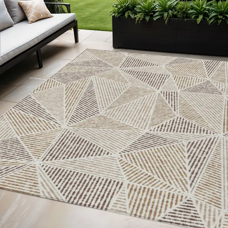 5' X 8' Brown Taupe And Beige Geometric Washable Indoor Outdoor Area Rug