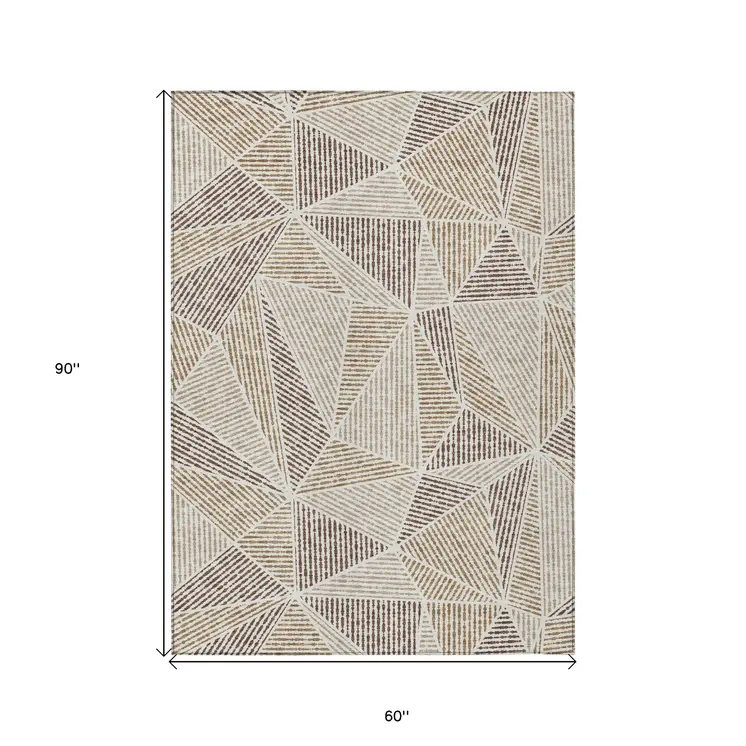 5' X 8' Brown Taupe And Beige Geometric Washable Indoor Outdoor Area Rug