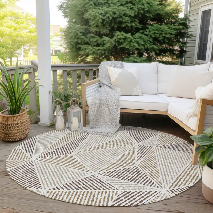 8' Brown Taupe And Beige Round Geometric Washable Indoor Outdoor Area Rug