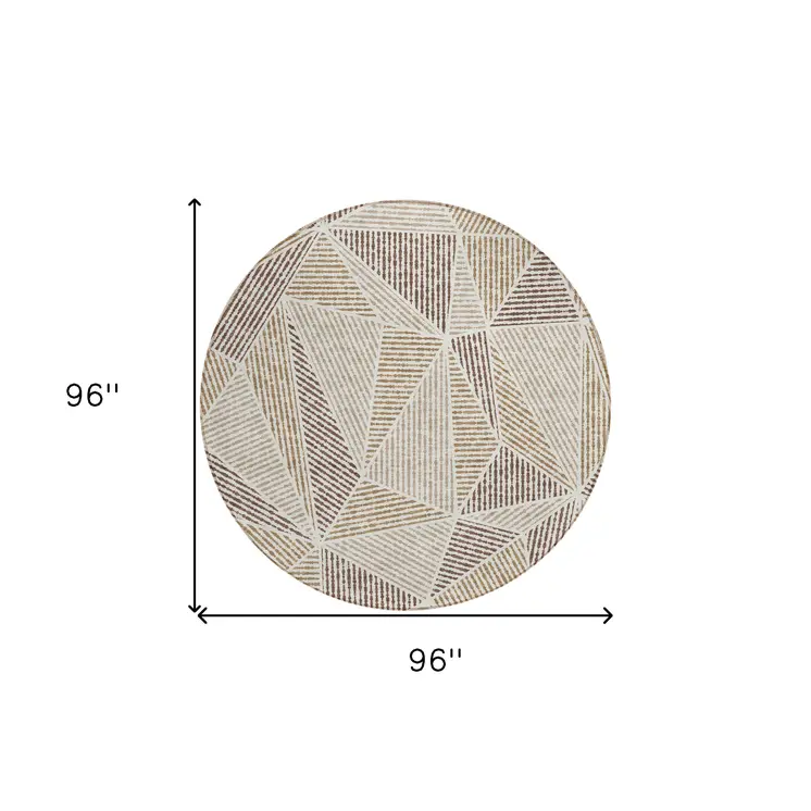 8' Brown Taupe And Beige Round Geometric Washable Indoor Outdoor Area Rug