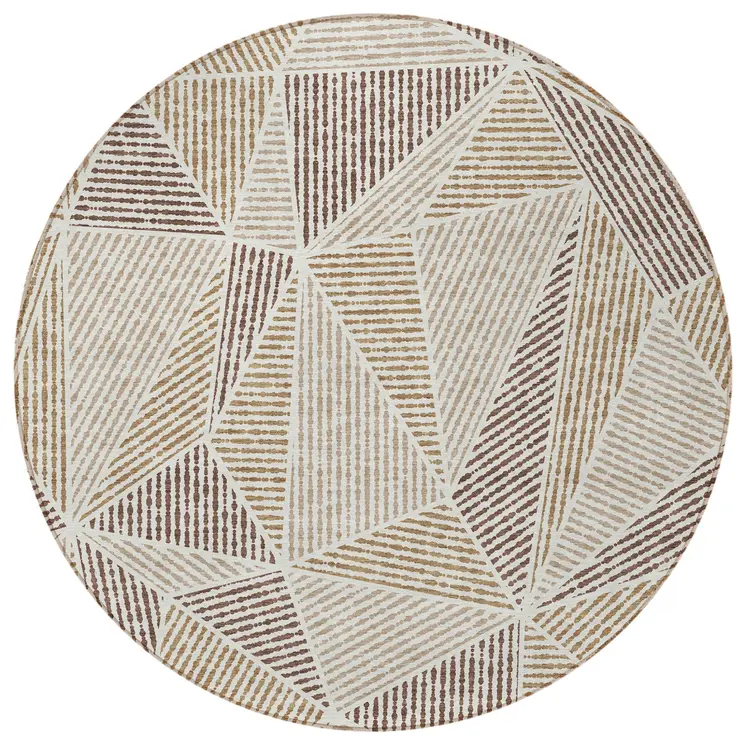 8' Brown Taupe And Beige Round Geometric Washable Indoor Outdoor Area Rug