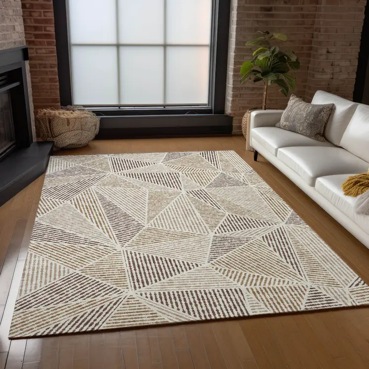 10' X 14' Brown Taupe And Beige Geometric Washable Indoor Outdoor Area Rug