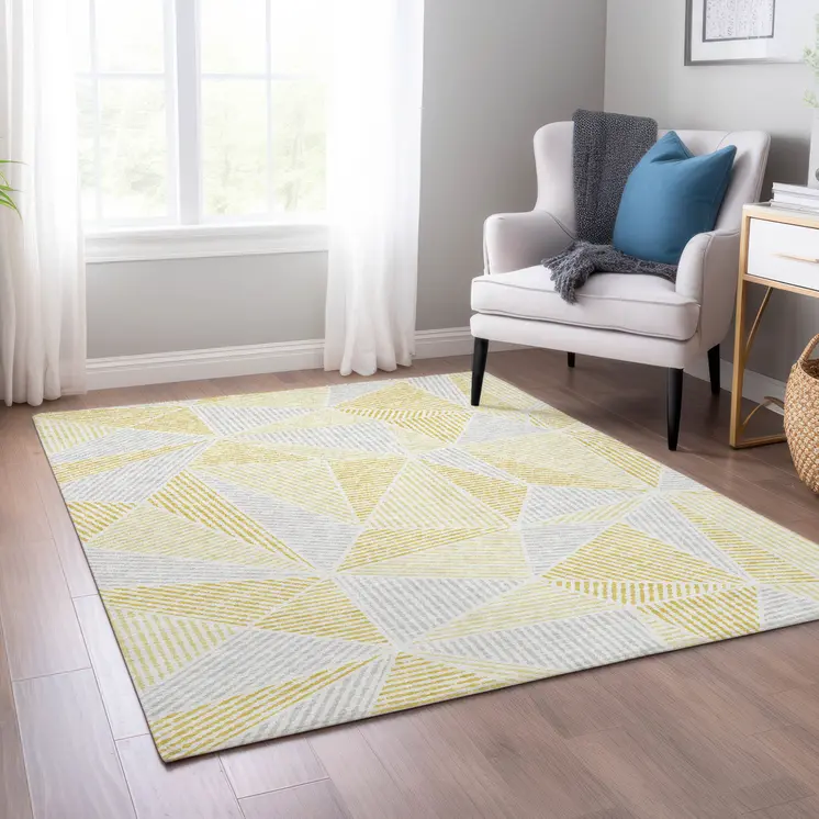 5' X 8' Gold Gray And Wheat Geometric Washable Indoor Outdoor Area Rug