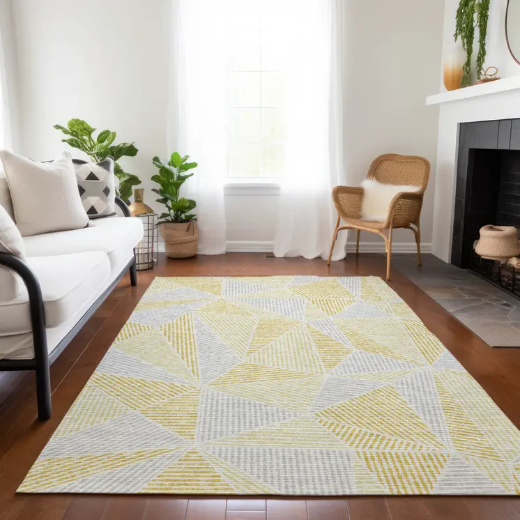 5' X 8' Gold Gray And Wheat Geometric Washable Indoor Outdoor Area Rug