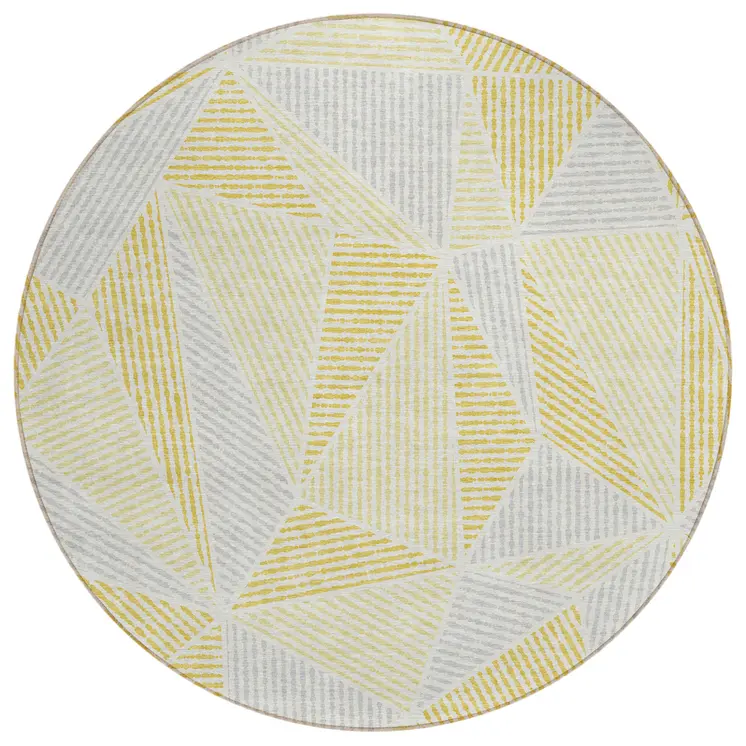 8' Gold Gray And Wheat Round Geometric Washable Indoor Outdoor Area Rug