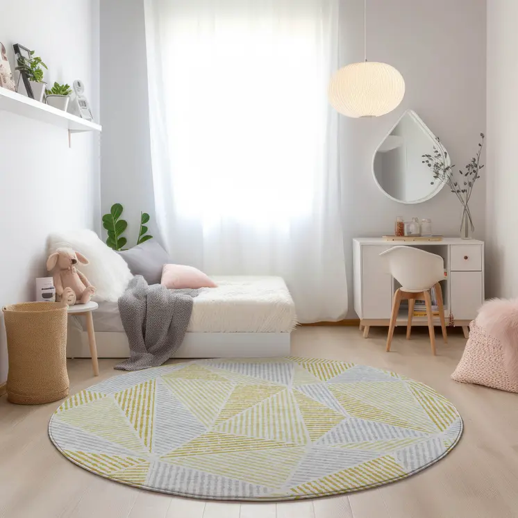 8' Gold Gray And Wheat Round Geometric Washable Indoor Outdoor Area Rug