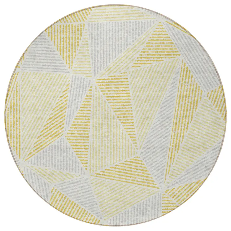 8' Gold Gray And Wheat Round Geometric Washable Indoor Outdoor Area Rug